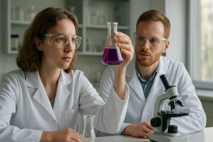 Kémikusok metilnarancs indikátort vizsgálnak laboratóriumban.