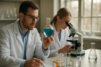 Kémikusok laboratóriumban, quinoxalin kísérlet közben.