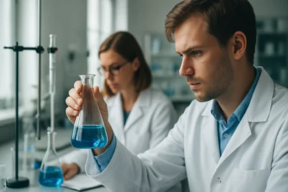 Két kémikus laboratóriumban, egy kék folyadékot tartalmazó lombikot vizsgálva.