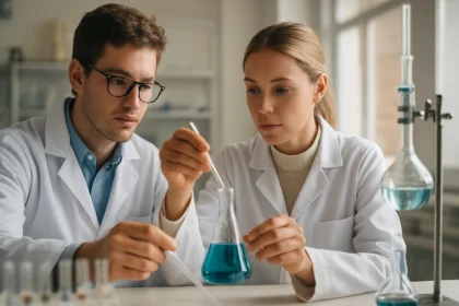 Két kutató kémiai kísérletet végez egy laboratóriumban.