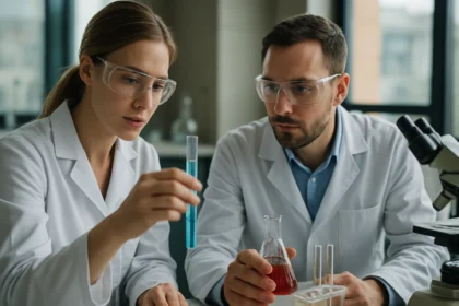 Két tudós laboratóriumban racemizálási kísérletet végez.