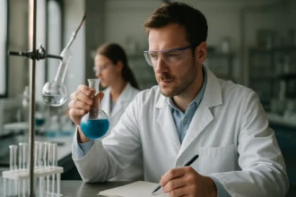 Kémikus laboratóriumban radioaktív indikátorokat vizsgál