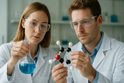 Két tudós becslő tömegekkel és radioaktív izotópokkal dolgozik laboratóriumban.