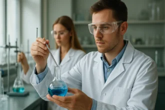 Kémiai kísérlet p-cimollal és egyéb anyagokkal laboratóriumban.