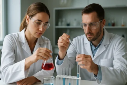 Két szakember kémiai kísérletet végez laboratóriumban.