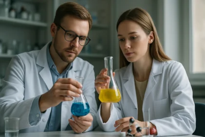 Két tudós laboratóriumban kémiai anyagokat vizsgál