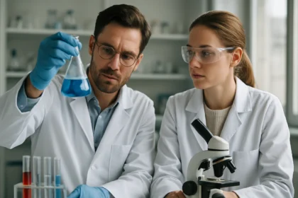 Két kutató laboratóriumban kémiai elemzést végez