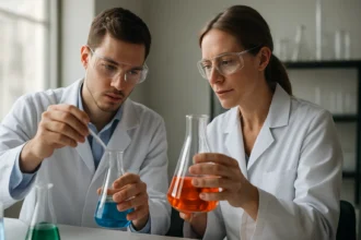 Két tudós laboratóriumban kémiai kísérletezés közben.