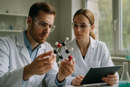 Két tudós ragasztók polimereit bemutató kísérleti munka közben.