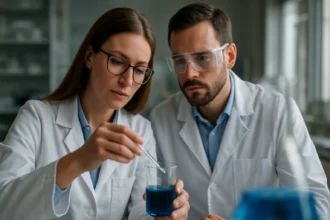 Két tudós laboratóriumi kísérletet végez kék folyadékkal.