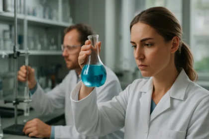 Női kémikus kék folyadékot vizsgál laboratóriumban