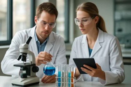 Két kutató laboratóriumi vizsgálatot végeznek kémiai anyagokkal.