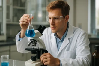 Kémikus laboratóriumban, kék oldatot vizsgálva mikroszkóppal