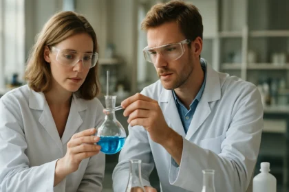 Két tudós laboratóriumban kémiai kísérletet végez.