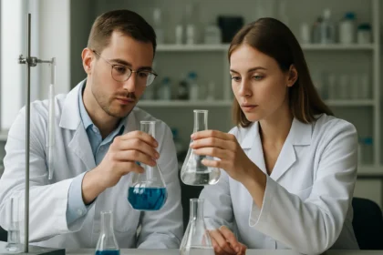 Kémiai reakciókat vizsgáló tudósok laboratóriumban.