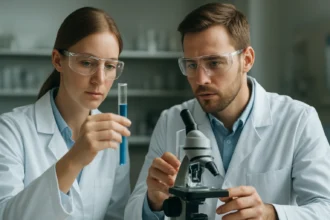 Két tudós laboratóriumban reagenssel dolgozik