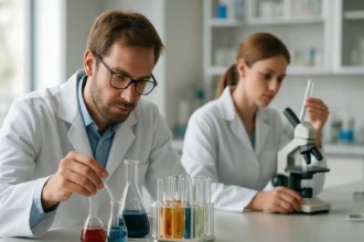 Két kémikus laboratóriumban reakcióegyenletek tanulmányozásával foglalkozik.