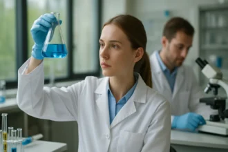 Kémiai reakciók folyamatainak vizsgálata egy laboratóriumban.