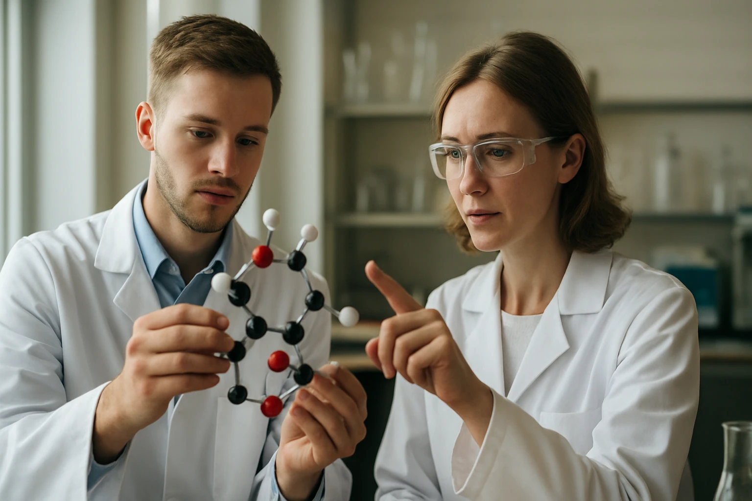 Két kutató a laborban molekulamodellezést végez az oxidációs állapotról.