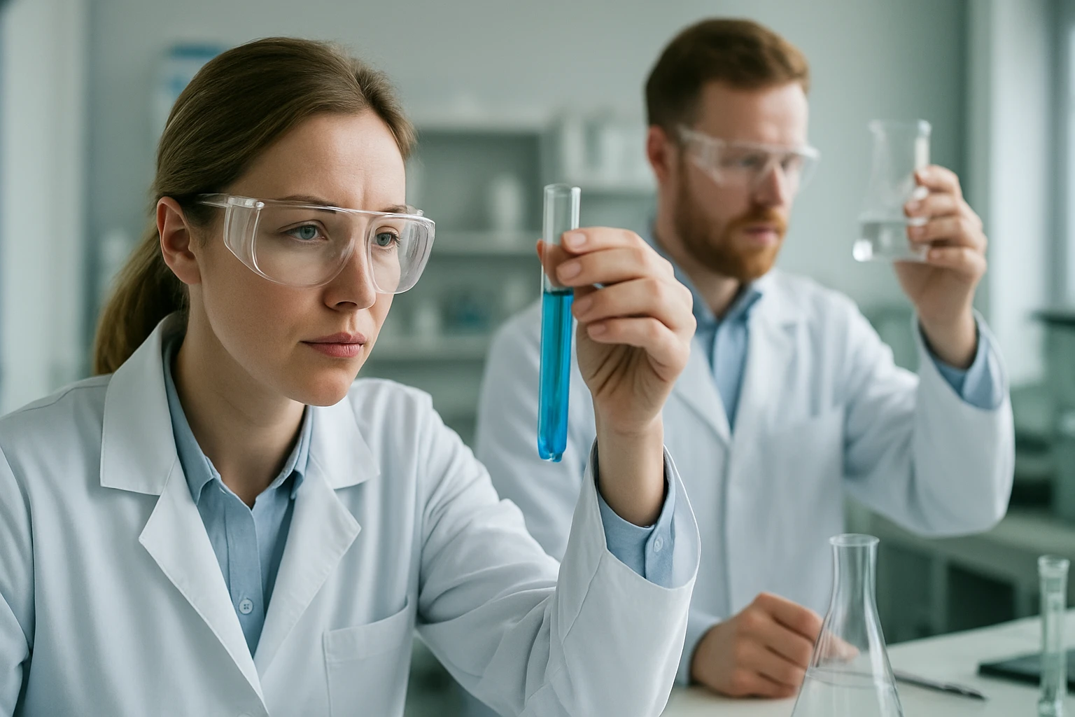 Két kutató a laborban oxidált keményítő vizsgálatát végzi