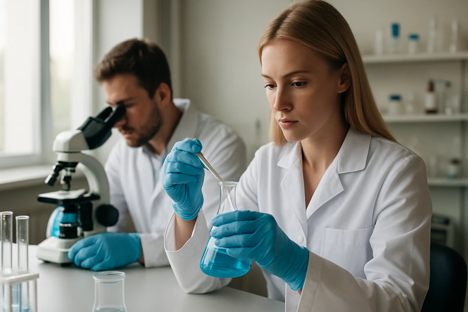 Laboratóriumi oxidimetriai elemzés kémiai kísérletezés során.