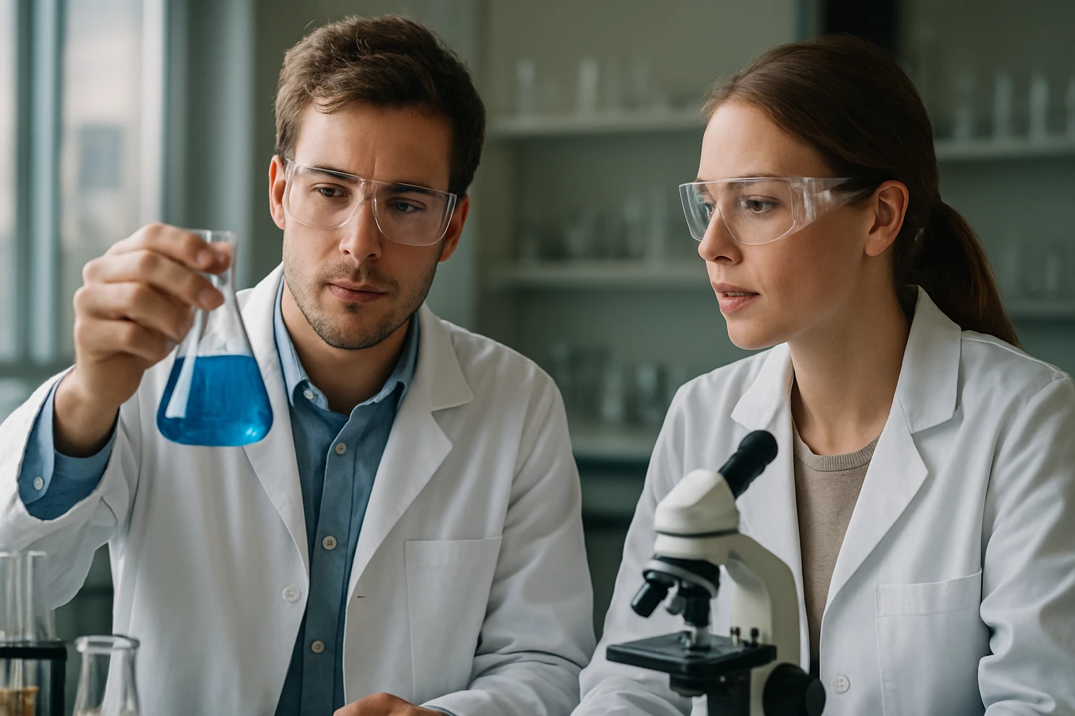 Két vegyész laboratóriumban vizsgál egy kék folyadékot