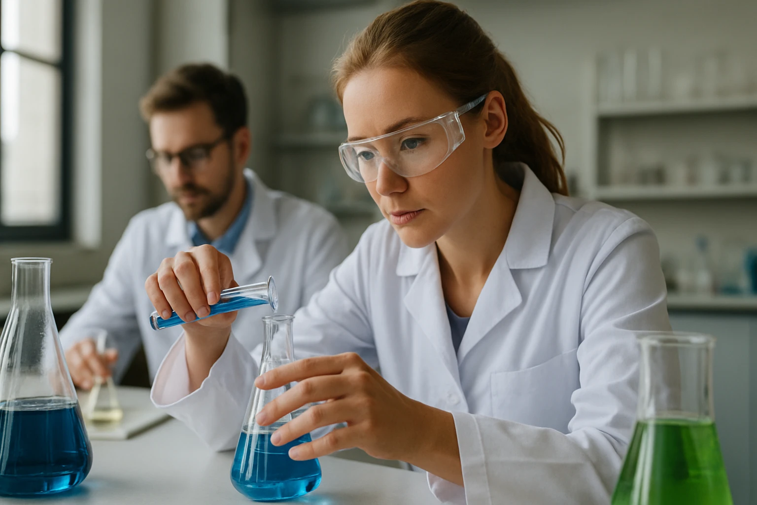 Két vegyész laboratóriumban kémiai kísérleteket végez