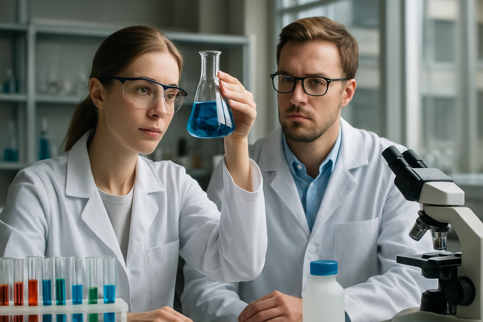 Az oxirán képlete, tulajdonságai és alkalmazási területei Két kutató laboratóriumban, kék folyadékos üvegből mintát vizsgálnak.