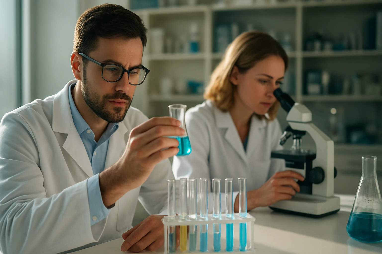 Két kutató laboratóriumban vizsgálja az oxisavakat.