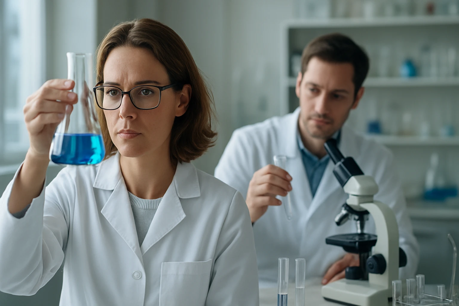 Két tudós laboratóriumban, oxolán kémiai kísérlet közben.