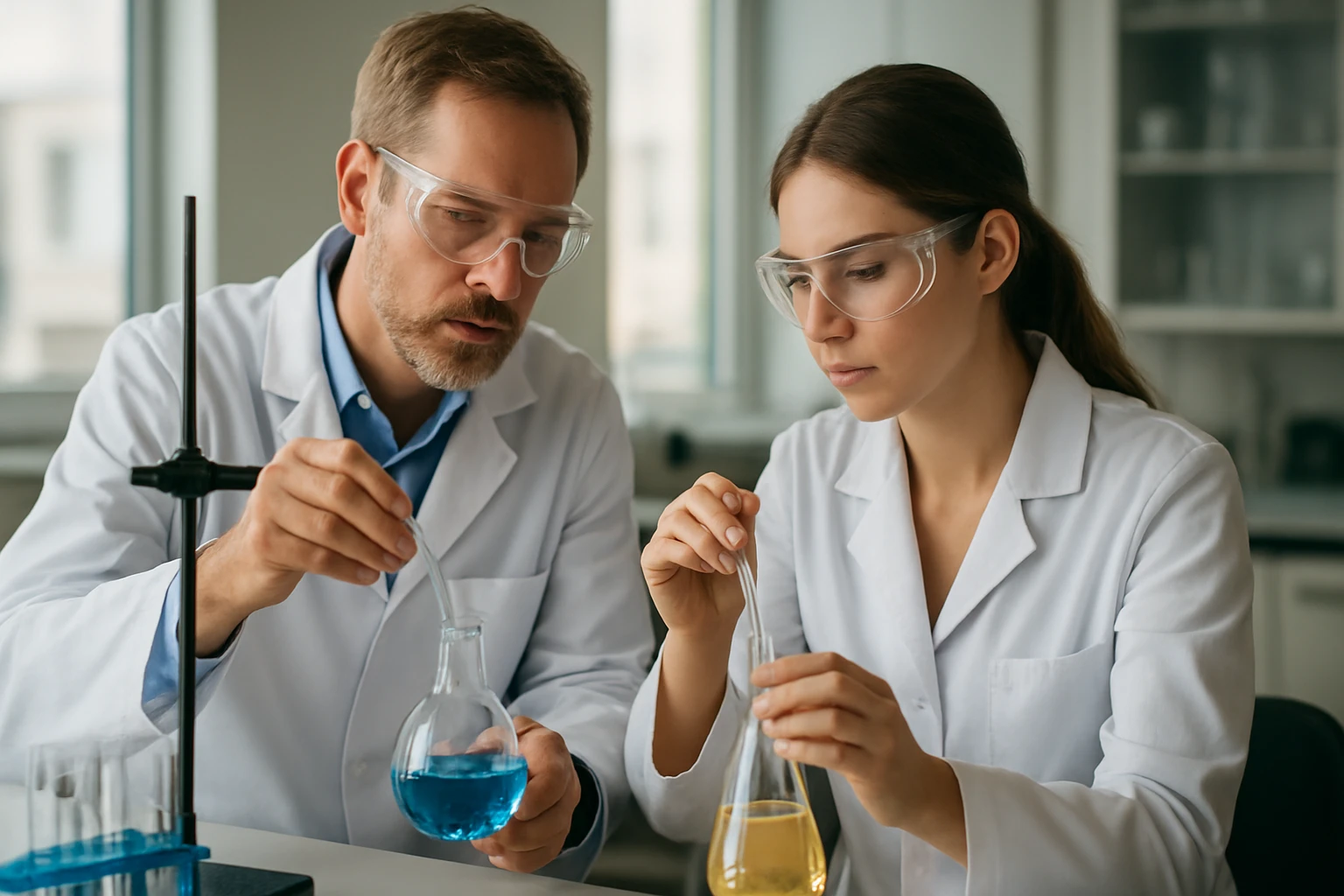 Az oxonikkel: Jelentés, fogalom és részletes magyarázat Két tudós kémiai kísérletet végez laboratóriumban