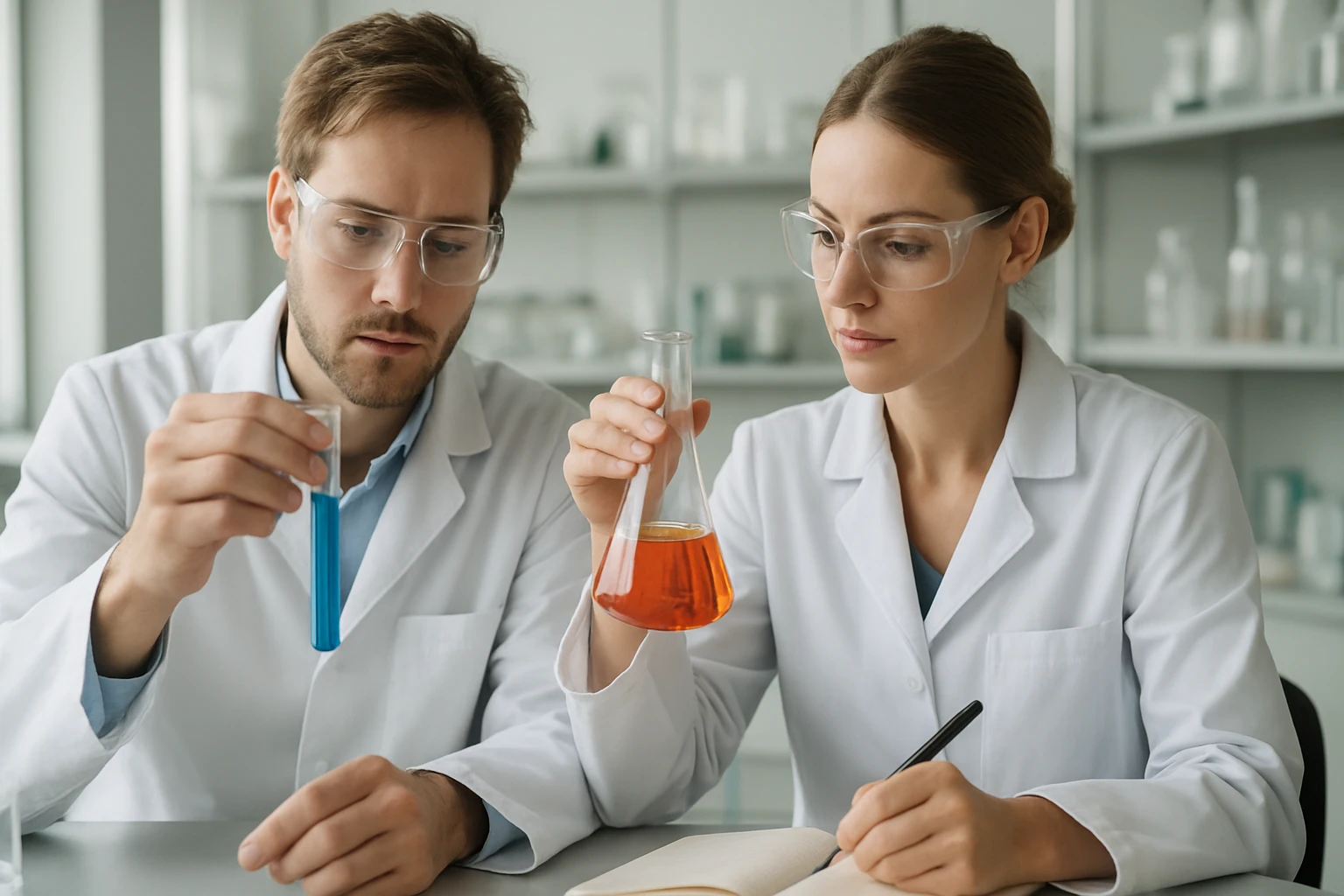 Két kutató laboratóriumi kísérletet végez, különböző folyadékokat vizsgálva.