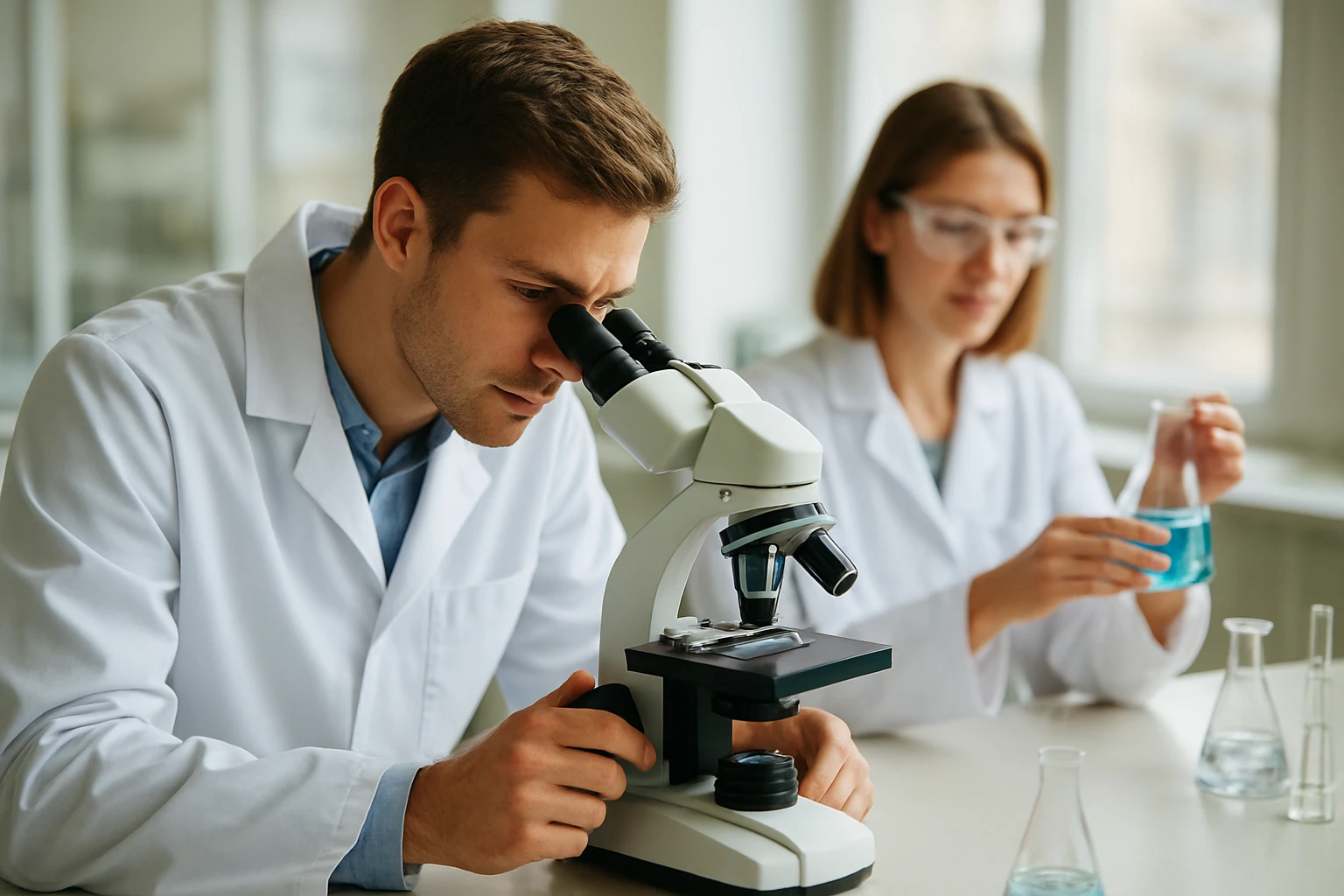 Két tudós laboratóriumban oxovegyületek kémiai reakcióit vizsgálja.