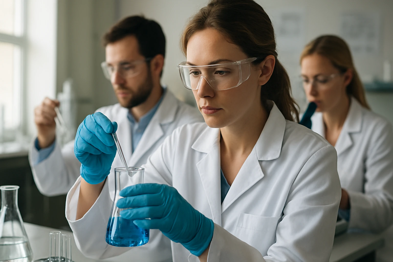 Kémikusok laboratóriumi munkában, ozmium-tetroxiddal foglalkozva.