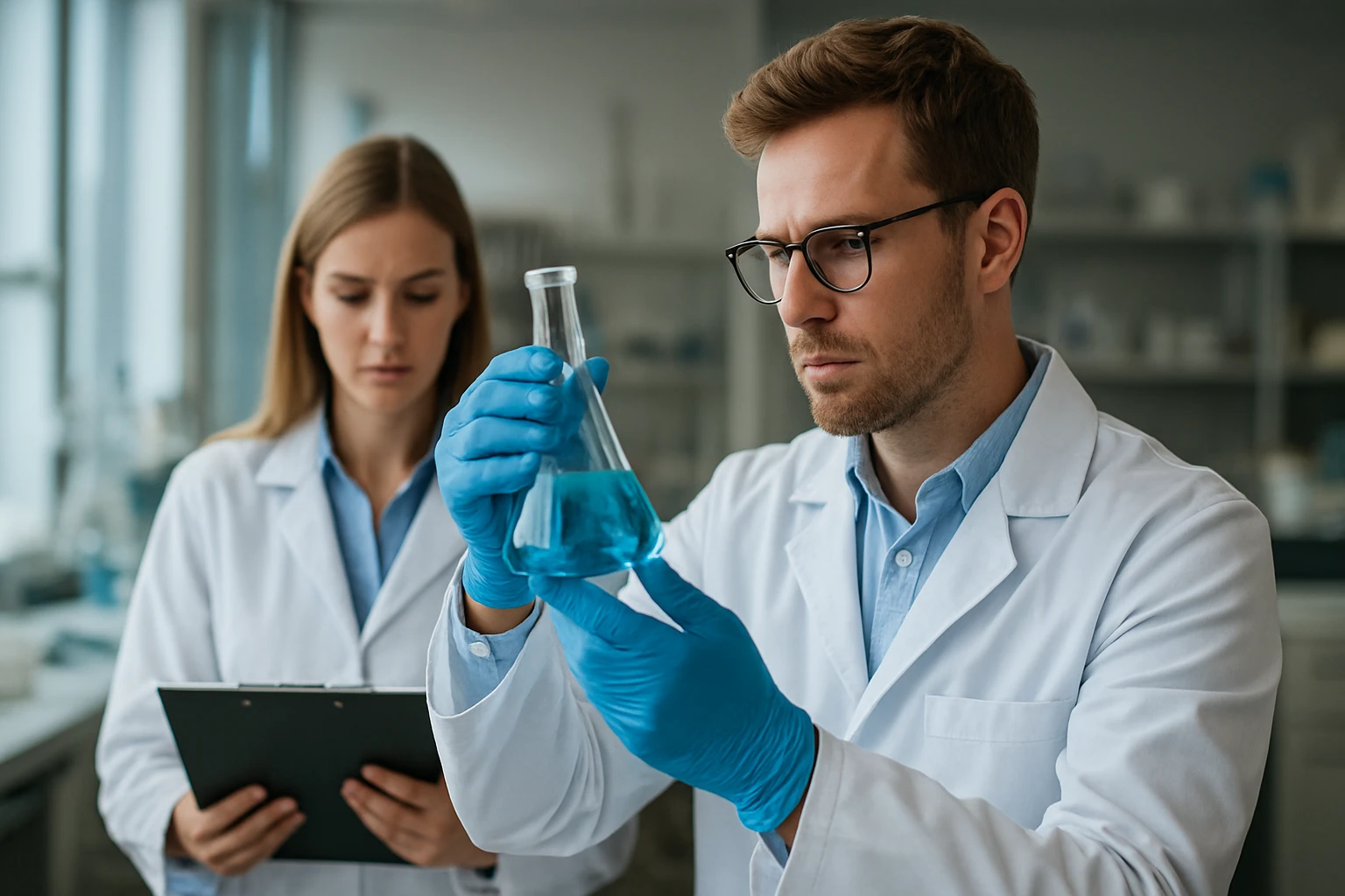 Két kémikus laboratóriumban, ózmirídium vizsgálatán dolgozik.