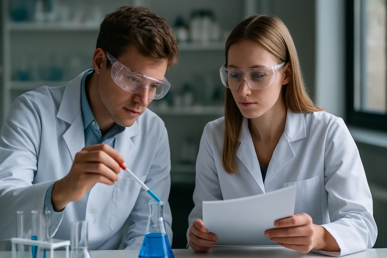 Két tudós laboratóriumban ozmiumot vizsgálva kémiai kísérlet során.