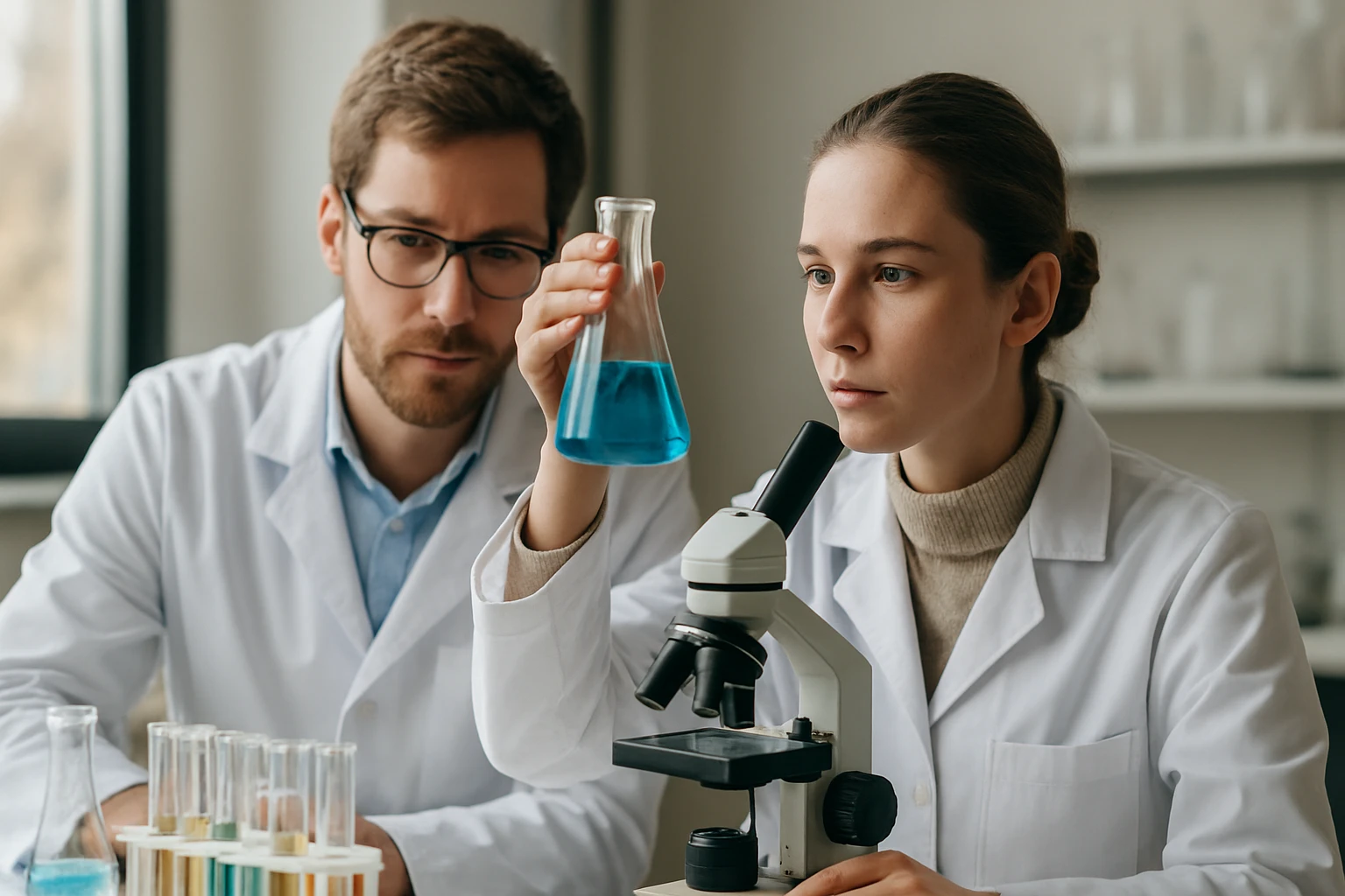 Két tudós kémiai kísérletet végez a laboratóriumban.