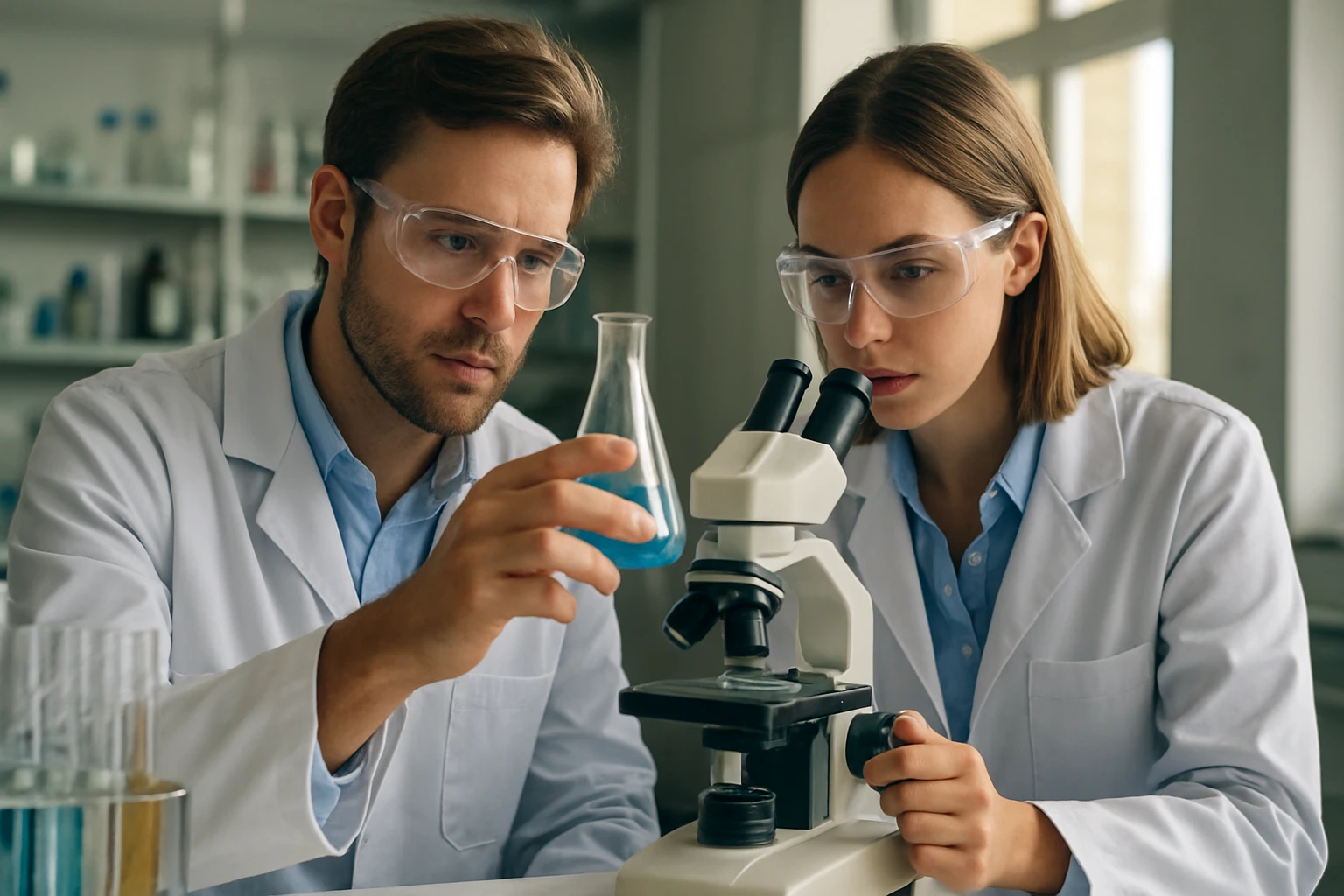 Két vegyész laboratóriumban p-kinon vizsgálat közben.