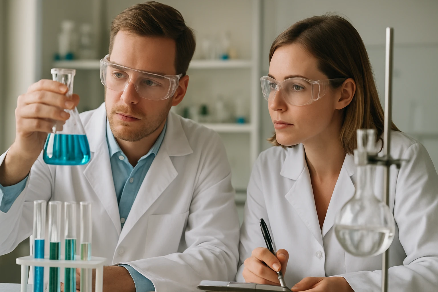 Kémiai folyamatokat elemző kutatók laboratóriumban