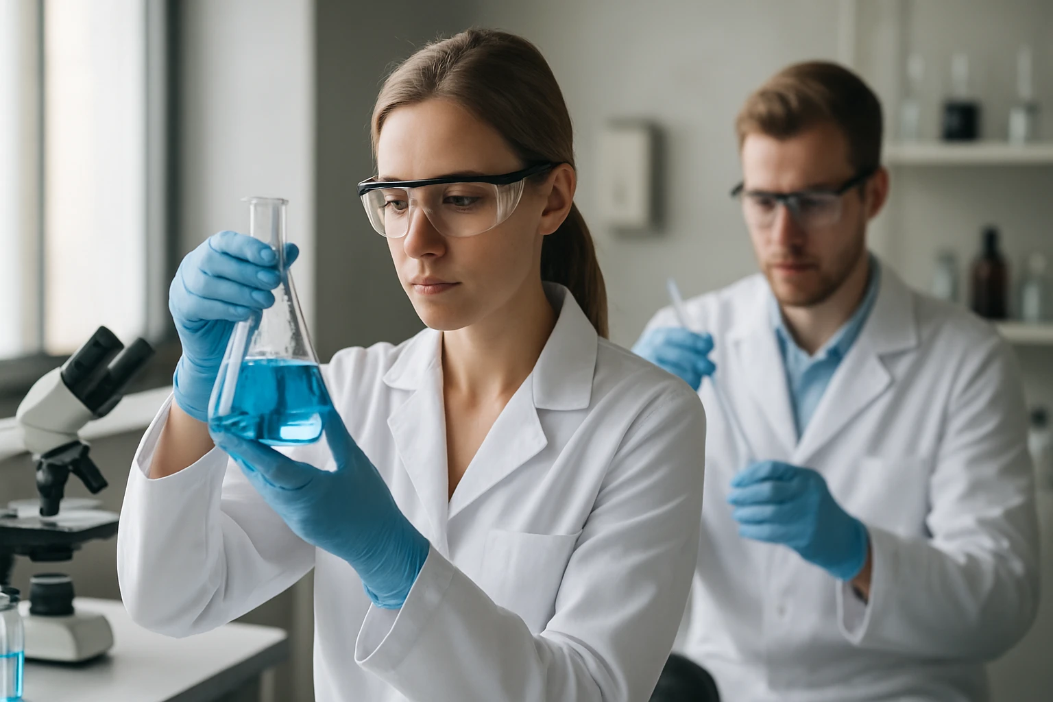 Két tudós laboratóriumban, palládium(II)-kloriddal dolgozva.