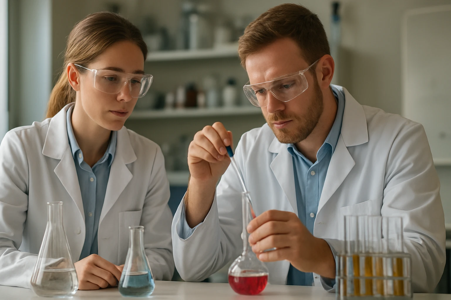 A palmitil-alkohol képlete, jellemzői és alkalmazási területei Két tudós laboratóriumban, palmitil-alkohol vizsgálata során.