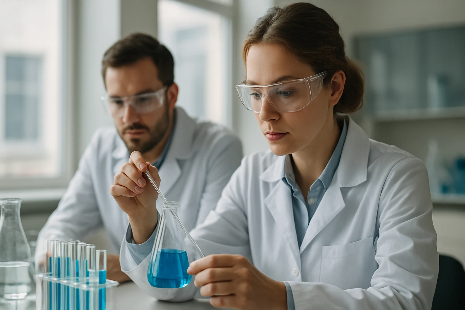 Kutatók laborban kémiai kísérlet közben, panterin vizsgálata