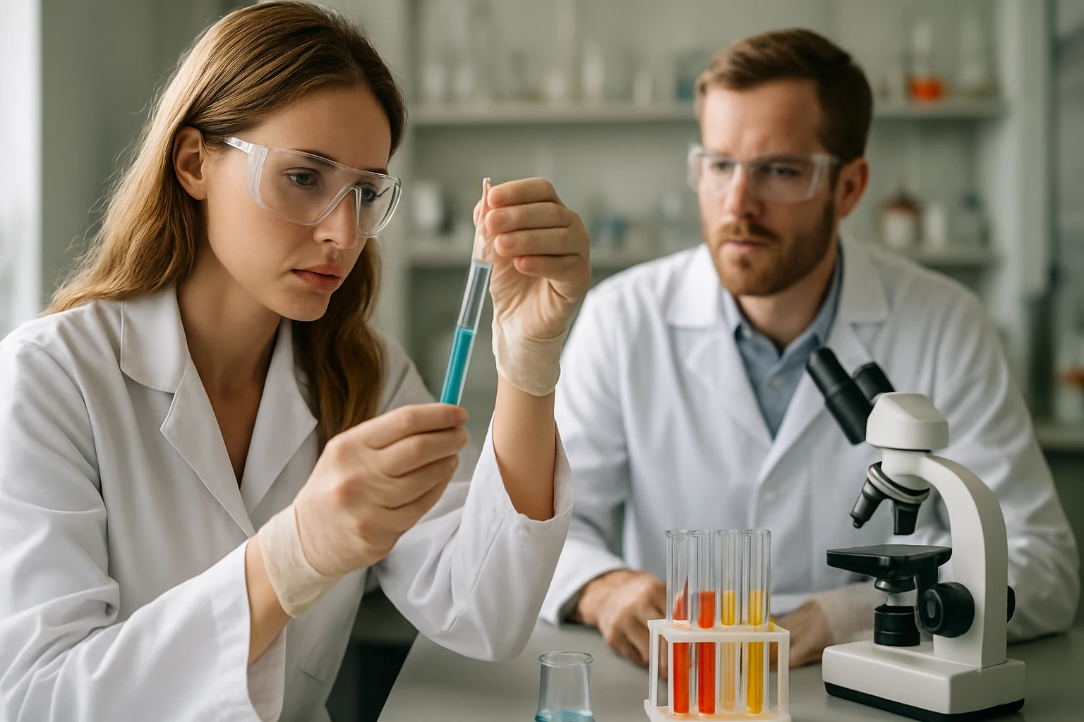 Két kutató laboratóriumban, para-aramid anyagokat vizsgálnak.