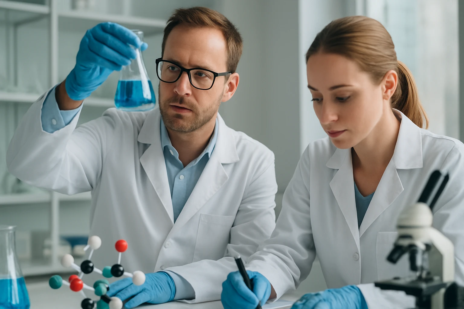 Kutatók para-diszubsztituált vegyületekkel foglalkoznak laboratóriumban.