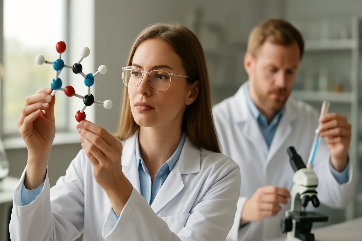 Kémikusok paraffinbázisú kőolaj molekulák elemzésén dolgoznak.