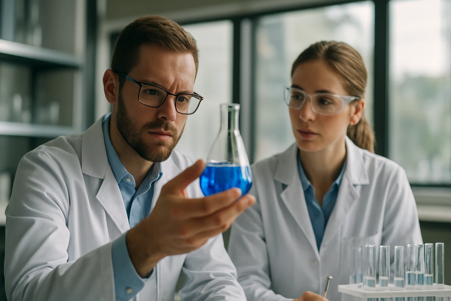 Két tudós laboratóriumban a Párizsi gipsz kémiai vizsgálatán dolgozik.