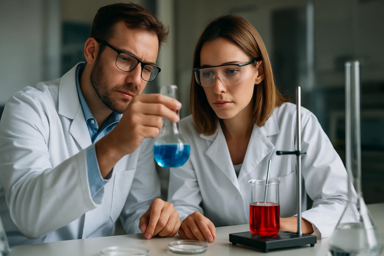 Két tudós kémiai anyagokat vizsgál egy laboratóriumban, különböző folyadékokkal.