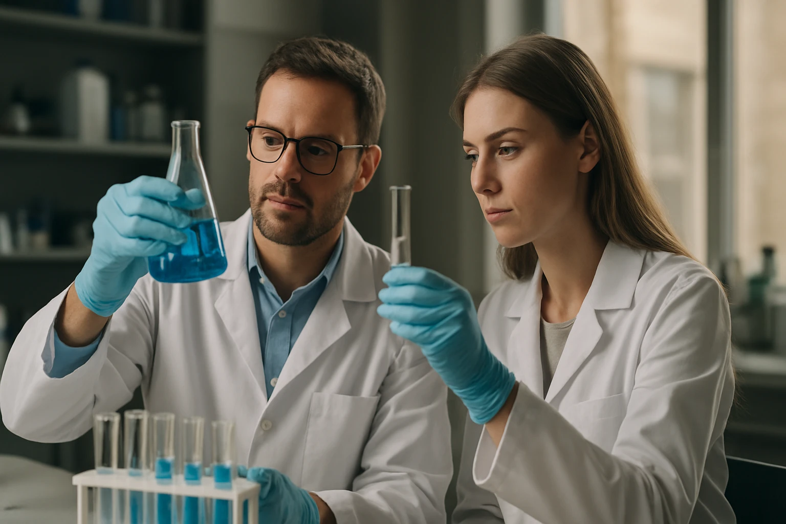 Két tudós laboratóriumban szintetikus festékekkel dolgozik.