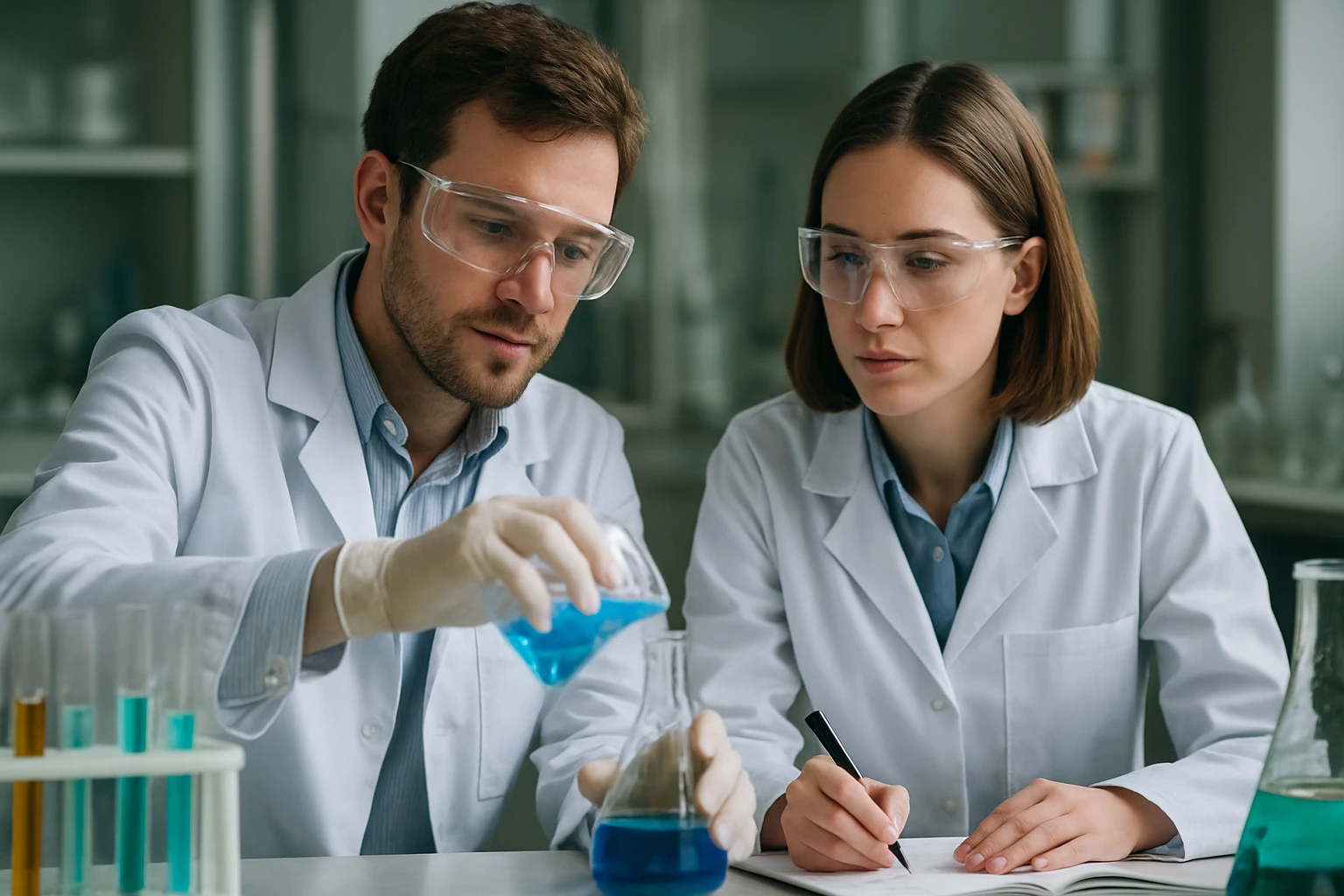 Két kémikus laboratóriumban kék folyadékot készít