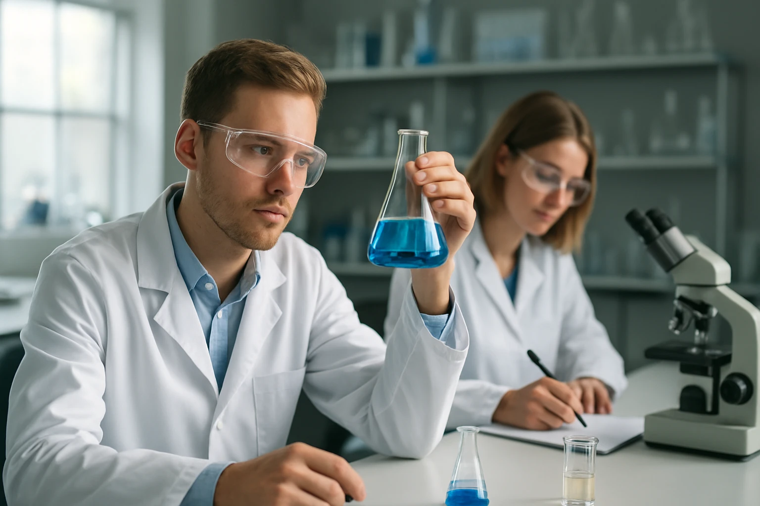 Két tudós laboratóriumban, PDLLA kutatás során, kék oldatot vizsgálva.